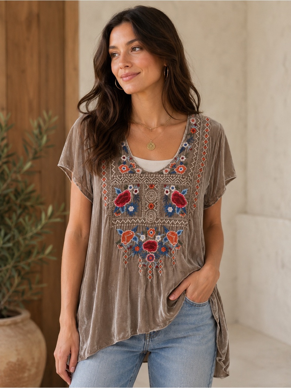 Johnny Was Boho Embroidered V-Neck Tunic Top - Taupe with Floral Embroidery